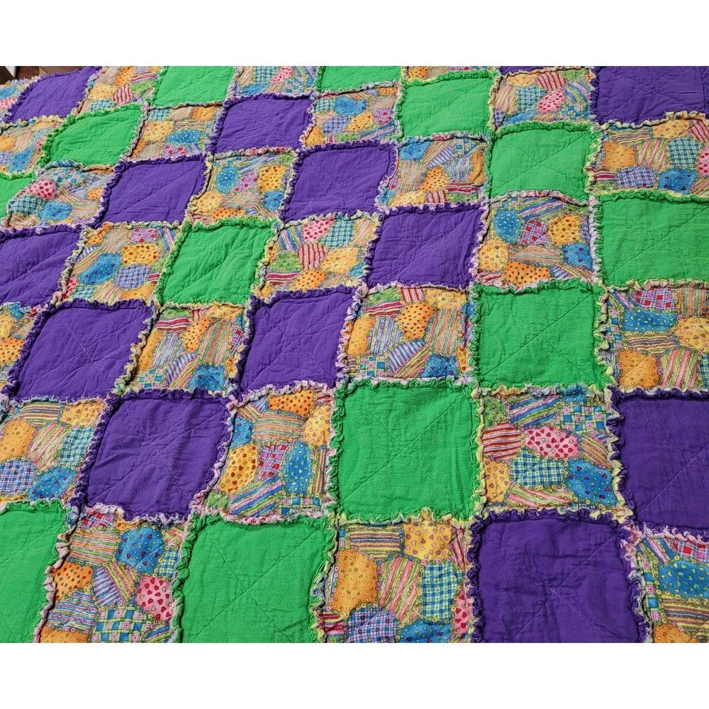 Handmade Rag Quilt College Station TX Cathy Catron‎ Purple Green Pink Yellow